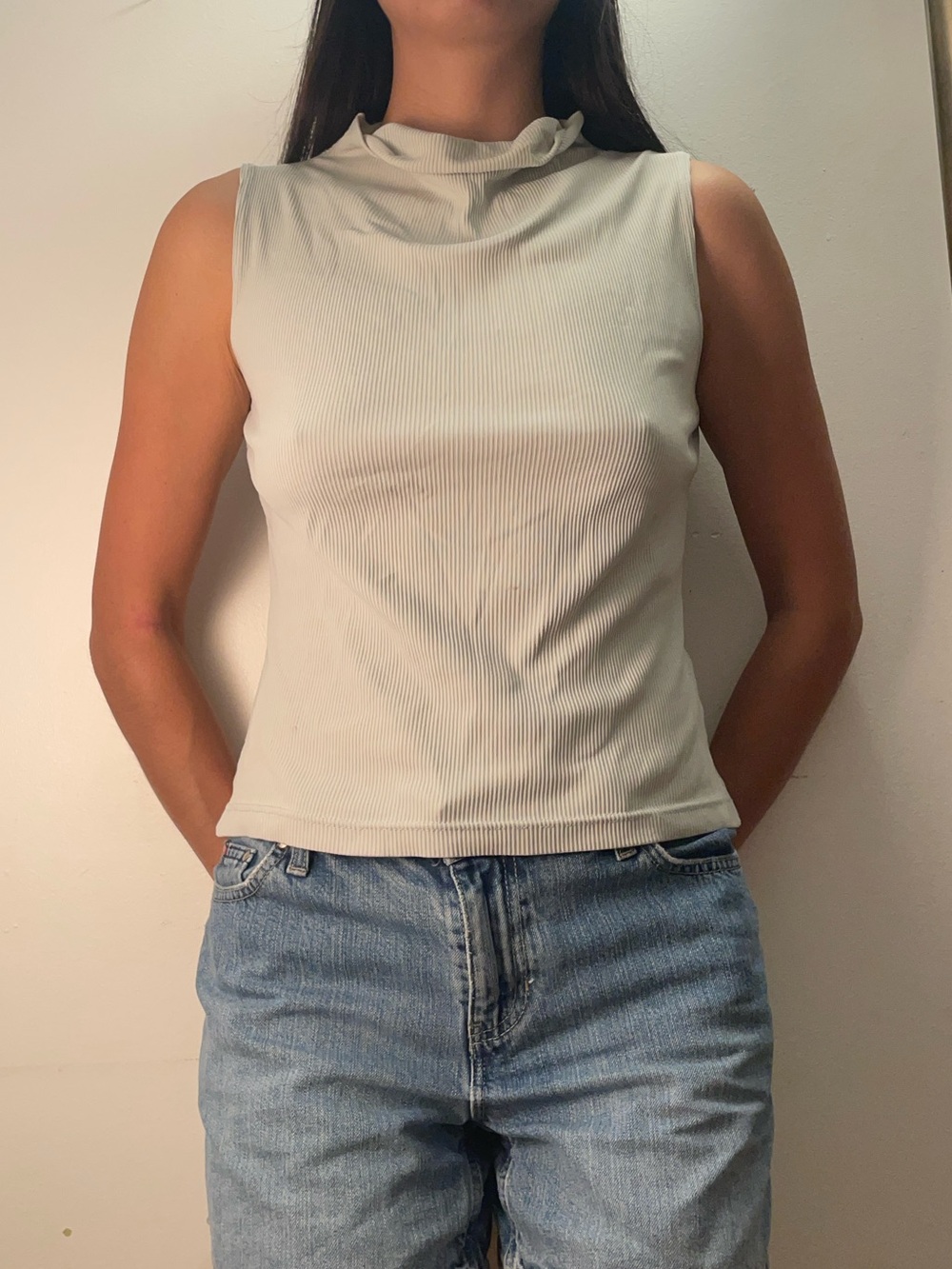 Sleeveless Mock Neck Ribbed Tank Top in mint